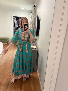 Turquoise Printed Maxi Dress with Tie Waist